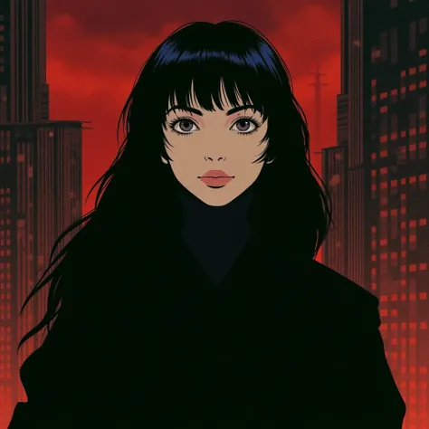 ((Retro 90s Anime style illustration)) drawing of a closeup on face of woman wearing a long black trench-coat futuristic city in the background in the style of the 90s anime Akira.   <lora:Vanmerrell_FLUX_v1-000061:1>