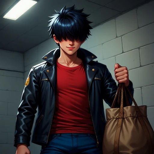 Boy wearing a red shirt and black jacket, Boy wearing red shirt and black jacket, Boys hair covering eyes, Boy holding a heavy bag