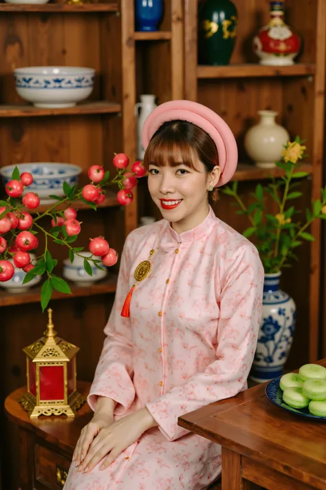 HanoiGirl, Aotac, A traditional Vietnamese scene set in a warm, inviting interior, featuring a beautiful woman dressed in an elegant áo dài, a traditional Vietnamese garment. The woman is seated gracefully beside a wooden table, wearing a light pink áo dài...