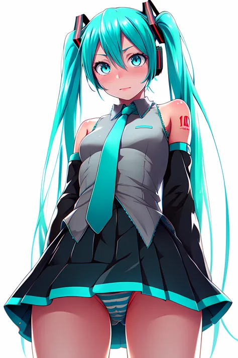 masterpiece, high quality, 4k, realistic, hatsune miku, aqua hair, aqua eyes, twintails, long hair, hair ornament, mikuoutfit, pleated skirt, necktie, detached sleeves, bare shoulders, white background, thighs, light smile, cowboy shot, from below, striped...