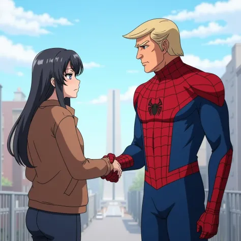 anime young woman skrjmamai wearing casual clothes shaking hands with a taller old donald trump who is wearing spiderman bodysuit with very serious face on a open air scene