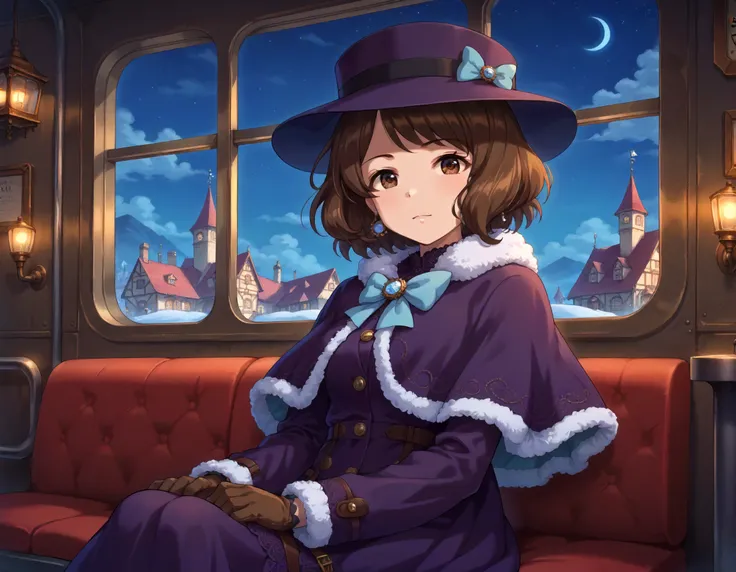 score_9,score_8_up,score_7_up,1girl,solo,sitting,looking at viewer,on the train,night train,window,steampunk,night sky,town,
<lora:nagatomihasumi_ponyXLV6:0.8>,cgnhs,
brown hair,short hair,brown eyes,
hat,earrings,purple capelet,fur-trimmed capelet,blue bo...