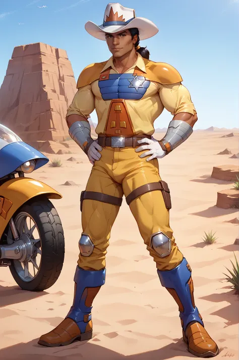 score_9, score_8_up, score_7_up, marshallbravestarr, 1boy, solo, cowboy hat, brown eyes, black hair, ponytail, yellow shirt, armor, shoulder pads, white gloves, yellow pants, blue boots, star badge, belt, looking_at_viewer, colored skin, standing, hands on...