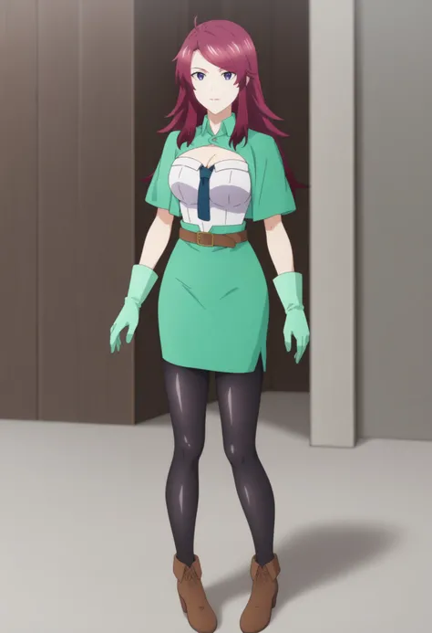 kkururu, 1girl, solo, green shirt, cleavage, belt, green gloves, blue necktie, skirt, black pantyhose, collared shirt, looking at viewer, standing, full body, <lora:kkururu_daomtl:0.9>, score_9, source_anime