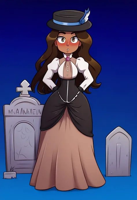 high definition franimel, dress, long hair untill hips, brown skin, blush, hat, dramatic illumination, full body, victorian graveyard, standing aside a tombstone, detailed background, night,