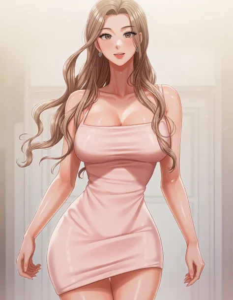 HyeRes Style. A highly detailed illustration of a confident woman with flowing blonde hair walking gracefully towards the viewer. She is wearing a tight, pale pink dress that hugs her hourglass figure, emphasizing her wide hips. The dress is short, showcas...