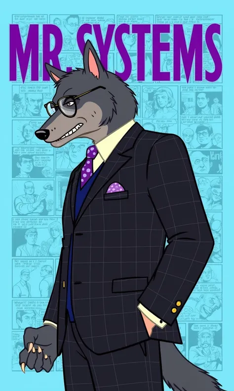 Title: Display the title "Mr. Systems" in bold purple text

main character: a man in a black checkered suit who is a werewolf, wolf head, glasses, professor wolf,purple polkadot tie, claws, fur,


visual style: bullylsf1, light blue background, outline, 2d...