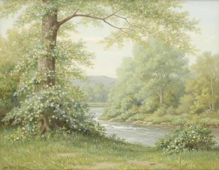 The painting by Cabanel depicts a green spring forest with tree and a river. The color palette is soft dominated by whites greens and earthy tones evoking a sense of peace and tranquility.