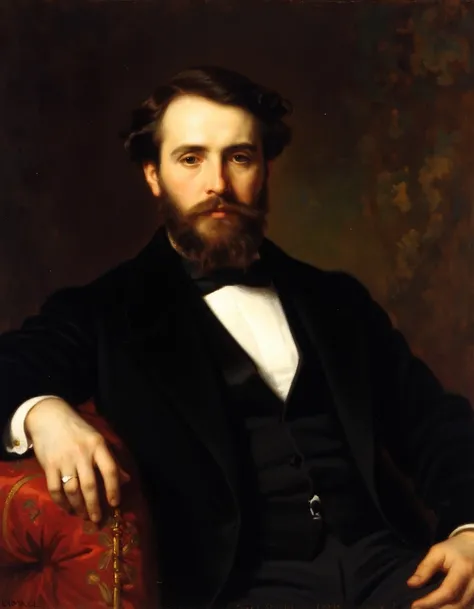 the painting by cabanel depicts a man with a thick beard and wavy hair dressed in a black suit with a white shirt and black bowt...