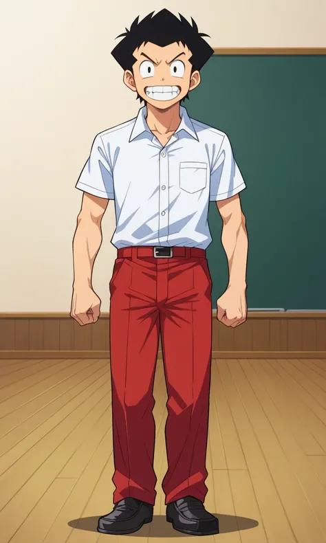 1boy, solo, Kiyoshi, black hair, grin, teeth, clenched teeth, shirt, pants, school uniform, standing, full body, front view