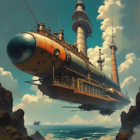 score_9, score_8_up, score_7_up, score_6_up, steampunk airship battle in the sky, with intricate machinery and steam-powered cannons firing amidst swirling clouds. The ships are ornately designed with brass and copper, their propellers cutting through the ...