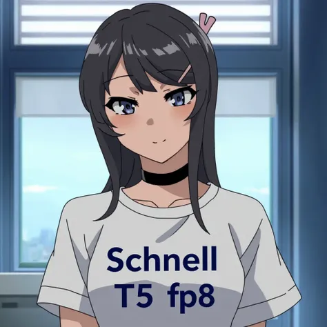 anime skrjmamai wearing a shirt with "Schnell T5 fp8" written on it