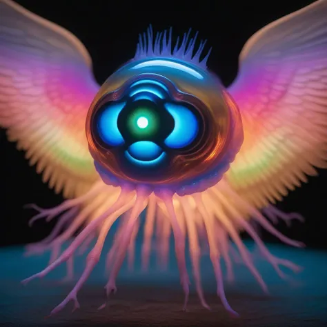 colorful, glowing, extra eyes, multiple limbs, wings