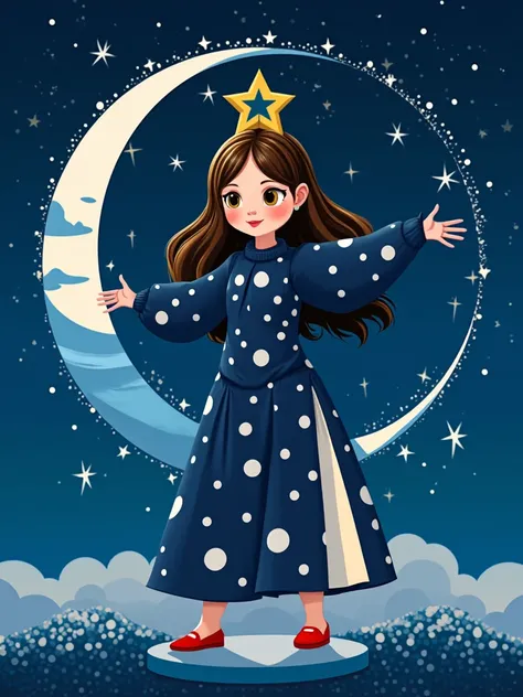 Polka dot painting style, An animated painting of a woman in a blue dress with white polka dots and red shoes. The woman has long brown hair and a yellow star on her head. She is standing in front of a crescent moon. The moon is surrounded by a blue backgr...