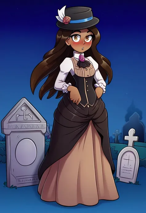 high definition franimel, dress, long hair untill hips, brown skin, blush, hat, dramatic illumination, full body, victorian graveyard, standing aside a tombstone, detailed background, night,