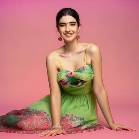 green shirt, looking at viewer, yellow veil, head rest, beautiful hands, floral print red dress, tank top, arm support, ornaments, solo, bare shoulders, hand on own face, beautiful left hand, crossed legs, strap slip, smile, pond, gradient pink background,...