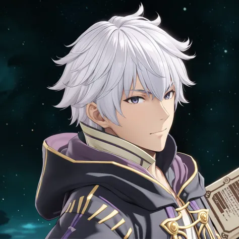 1boy, man, RobinFEXL, white hair, wizard, , (anime, masterpiece, intricate:1.3), (best quality, hires textures, high detail:1.2), (4k),(incredibly detailed:1.4),UHD, 8K, ultra detailed <lora:RobinFEXL:.9>