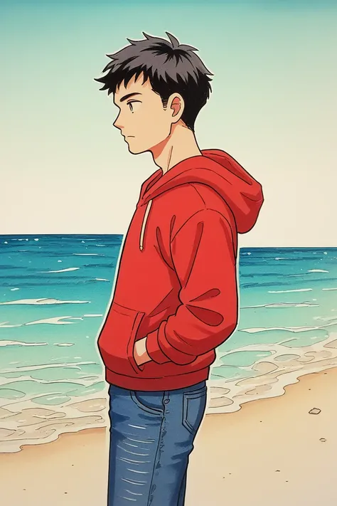 score_9, score_8_up, score_7_up, score_6_up,traditional media, marupStyle, 1boy, red hoodie, black jeans, standing, beach, looking at ocean, side view, , sunset