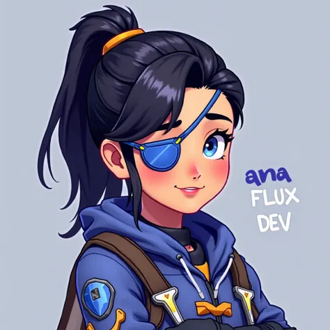 Kawaii style Ana eye patch over her right eye with text to the right of her saying "ana FLUX DEV Lora"