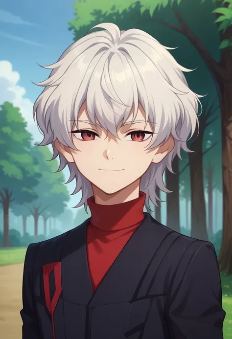 score_9, score_8_up, score_7_up, source_anime, highly detailed, 
lusia, 1boy, male focus, solo, upper body, white hair, uniform, medium hair, turtleneck, red eyes, jacket, black jacket,  sweater, red sweater, looking at viewer, smile,
outdoor, tree, sky,