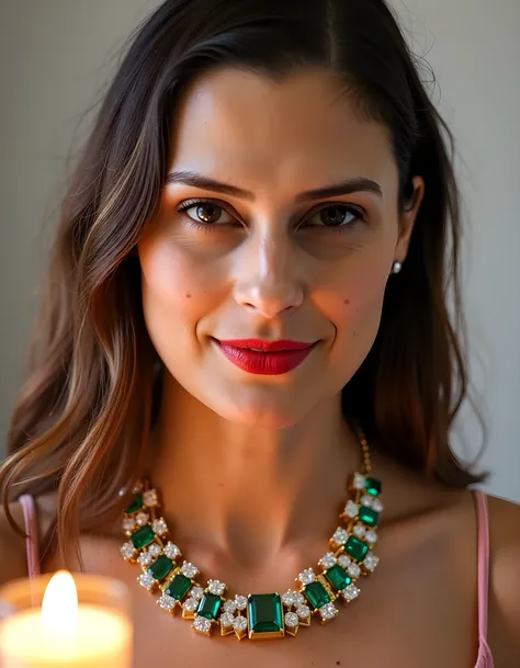 N0R4SG, A captivating close-up portrait, shot from a slightly elevated angle, showcases a woman with cascading brown hair, adorned in an intricately designed necklace made of emeralds and diamonds that accentuates her elegant collarbone. Her eyes sparkle w...