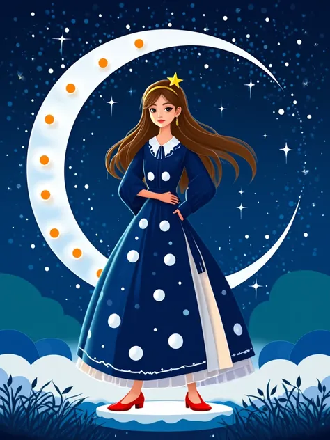 Polka dot painting style, An animated painting of a woman in a blue dress with white polka dots and red shoes. The woman has long brown hair and a yellow star on her head. She is standing in front of a crescent moon. The moon is surrounded by a blue backgr...