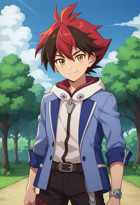 score_9, score_8_up, score_7_up, source_anime, highly detailed, 
hiroryuga, 1boy, male focus, red hair, solo, multicolored hair, upper body, jacket, yellow eyes, pants, looking at viewer, belt, two-tone hair, brown hair, standing, blue jacket, spiked hair,...