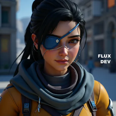 Ana eye patch over her right eye show her whole body with text to the right of her saying "ana FLUX DEV Lora"