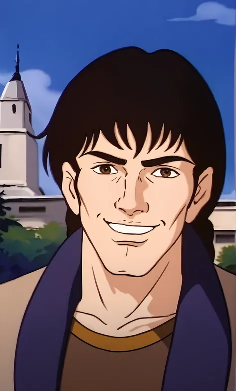 J4yc3e, score_8_up, score_7_up, source_anime, rating_questionable,  <lora:Jayce_and_The_Wheeled_Warriors_-_1985_-_Pony:1.2> herc, male, mature, black hair, jacket, brown shirt, upper body, outdoors, cheeky grin