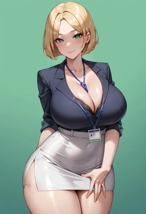 score_9, score_8_up,  1girl, 
huge breasts, wide hips, thick thighs, shiny skin, office lady, office suit, tight shirt, breasts, short hair, id card, thighs, tight clothes, cleavage, lanyard, shirt, blush, looking at viewer, closed mouth, black skirt, blon...