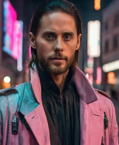 a portrait man in cyberpunk city, solo, jaredleto