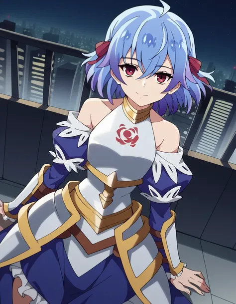 score_9, score_8_up, score_7_up, source_anime, <lora:ruti-ragnason-s1-ponyxl-lora-nochekaiser:1>, ruti ragnason, short hair, red eyes, ribbon, blue hair, hair ribbon, ahoge,, dress, bare shoulders, detached sleeves, armor, breastplate,, city skyline, rooft...