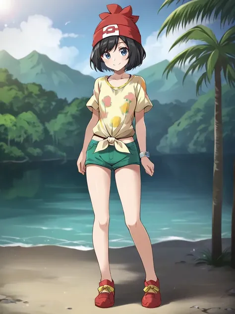 <lora:SMSeleneMizukitsukishiro:0.7>
1girl, solo, semilezuneki, short hair, black hair, blue eyes, red headwear, beanie, yellow shirt, tied shirt, print shirt, green shorts, short shorts, z-ring, shoes, full body, standing, outdoors, tropical theme, smile