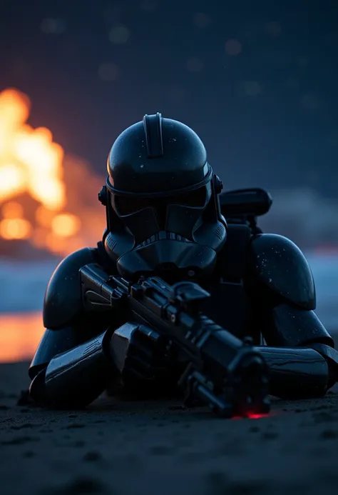 7-Phase2, clone trooper, prone position,  holding gun, military, explosions, detailed weapon, all black armour with glowing trim
beach, night time, stars, nebulas, detailed waves, black sand
[strong lighting, cinematic masterpiece, highly detailed armour, ...