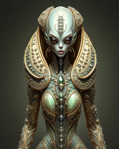 A female alien with faber armor,opulent, jewel encrusted, symmetrical