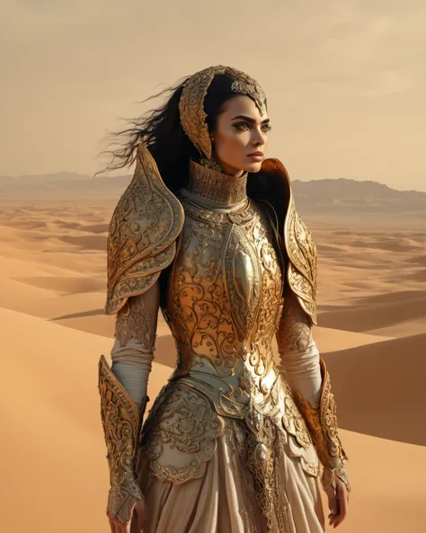 A woman with faber armor,opulent, desert backdrop