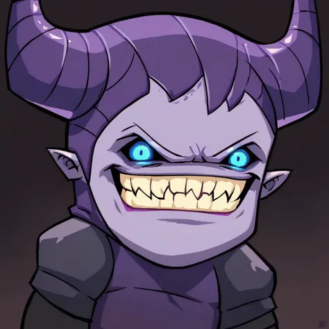 score_7, score_6_up, score_5_up, score_4_up, solo, upper body, castle crashers artstyle, castle crashers pose, demon, purple skin, blue eyes, purple horns, grin, looking at viewer