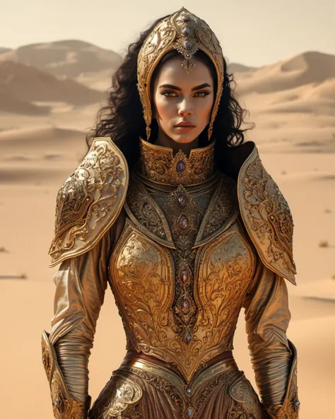 A woman with faber armor,opulent, desert backdrop