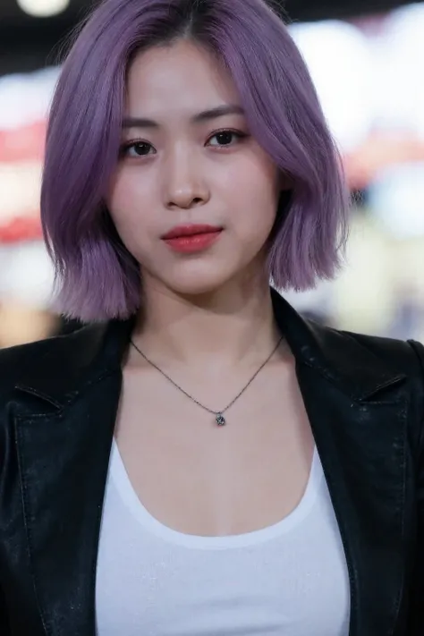 (medium full shot), beautiful korean girl with short purple hair wearing white tank top showing navel and black leather jacket, necklace, bokeh lights in the background, studio lighting, high quality, film grain, light reflections, blood vessels, pale skin...