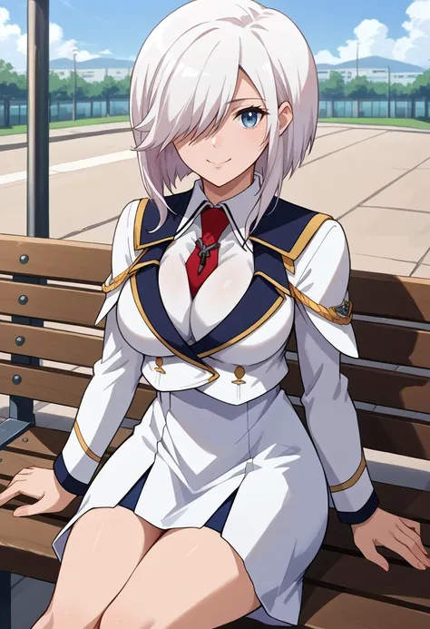 score_9, score_8_up, source_anime, 1girl, solo, ElenaArshavina, white hair, medium hair, hair over one eye, sidelocks, red necktie, white uniform, collared shirt, white shirt, long sleeves, white skirt, smile, sitting, on bench, <lora:ChamElenaArshavinaPon...