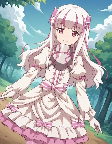 score_9, score_8_up, score_7_up, source_anime, <lora:bofuri-yui-s2-ponyxl-lora-nochekaiser:1>, yui, long hair, hair ornament, white hair, bow, pink bow, vertical stripes, striped,, gloves, dress, pantyhose, puffy sleeves, white dress, long sleeves, frills,...