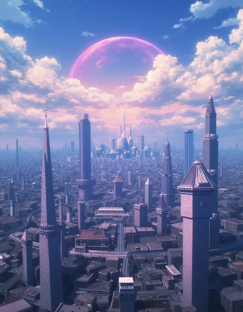 ovld style anime, a futuristic cyberpunk sprawling city, glorious clouds in the sky