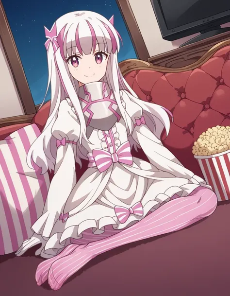 score_9, score_8_up, score_7_up, source_anime, <lora:bofuri-yui-s2-ponyxl-lora-nochekaiser:1>, yui, long hair, hair ornament, white hair, bow, pink bow, vertical stripes, striped,, gloves, dress, pantyhose, puffy sleeves, white dress, long sleeves, frills,...