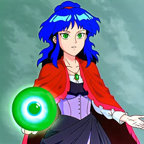 best quality, masterpeice, 1girl, solo, camilia, blue hair, green eyes, red cape, dress, magical background, magic ball, magic