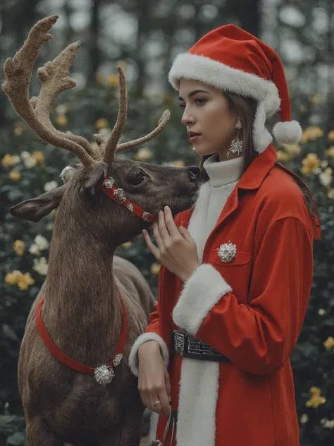 Young woman dressed as Santa Claus talking to her reindeer the day before Christmas, complementary colors, f1.4 35mm,
