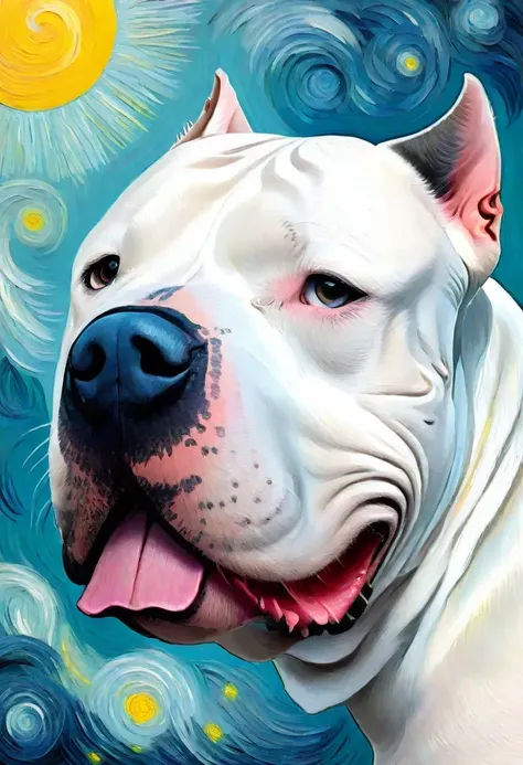 closeup headshot, a White Pitbull, award winning art by Vincent van Gogh <lora:White Pitbull Dog XL_epoch_10:0.75>, Modernism illustration style, embraces experimentation and abstraction, breaks away from traditional representation, explores new forms and ...