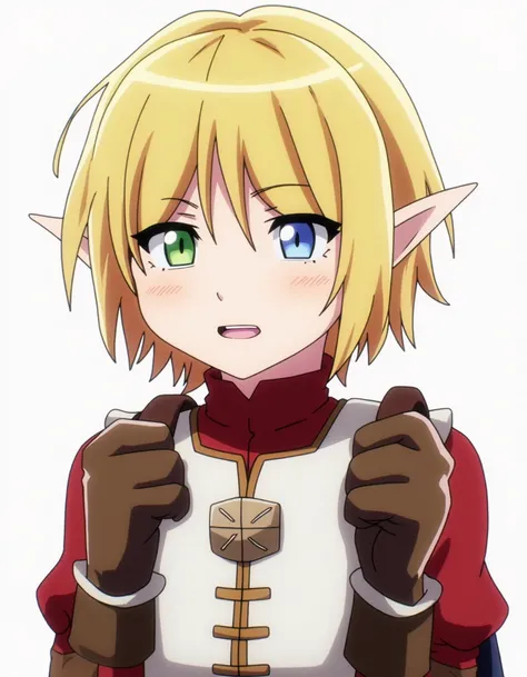 ovld style anime, a cute elf girl with heterochromia, her left eye is green and her right eye is blue. she has short, tomboyish hair and is wearing a red shirt with a white sleeveless vest and large brown gloves