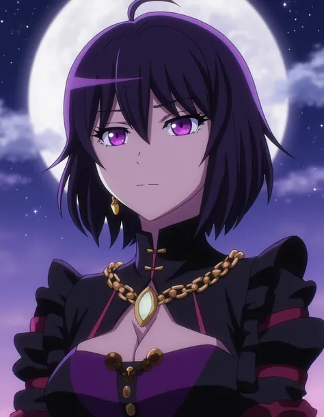 ovld style anime, a cute vampire woman with purple eyes, transfixing