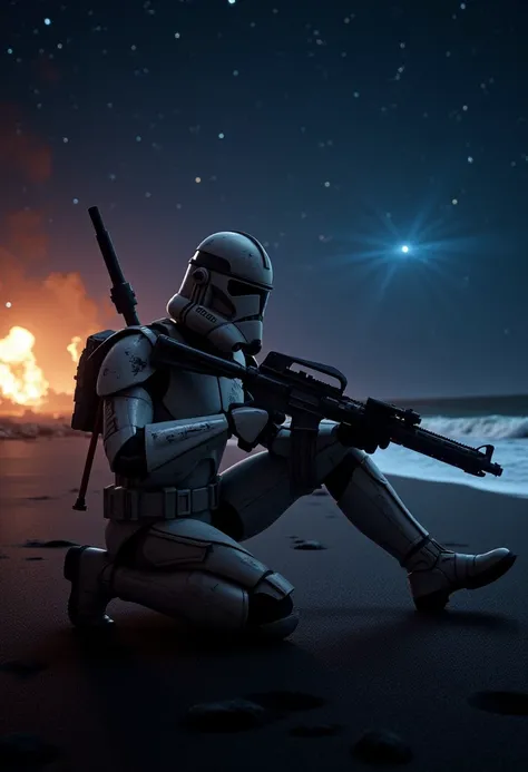 7-Phase2, clone trooper, prone position,  holding gun, military, explosions, detailed weapon
beach, night time, stars, nebulas, detailed waves, black sand
[strong lighting, cinematic masterpiece, highly detailed armour,  realistic armour, legendary, hyperr...