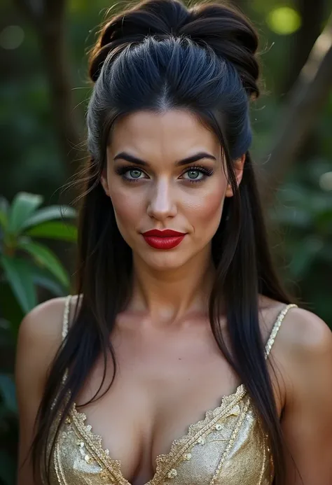 fantasy princes woman,black hair ,red lips,very freckles , hair very gathered with a bun ,very blue eyes, forest, big breats,portrait,fantasy golden and silver dress,  expresive face, detailed eyes ,gesticulated, blue eyes, caucasian skin,